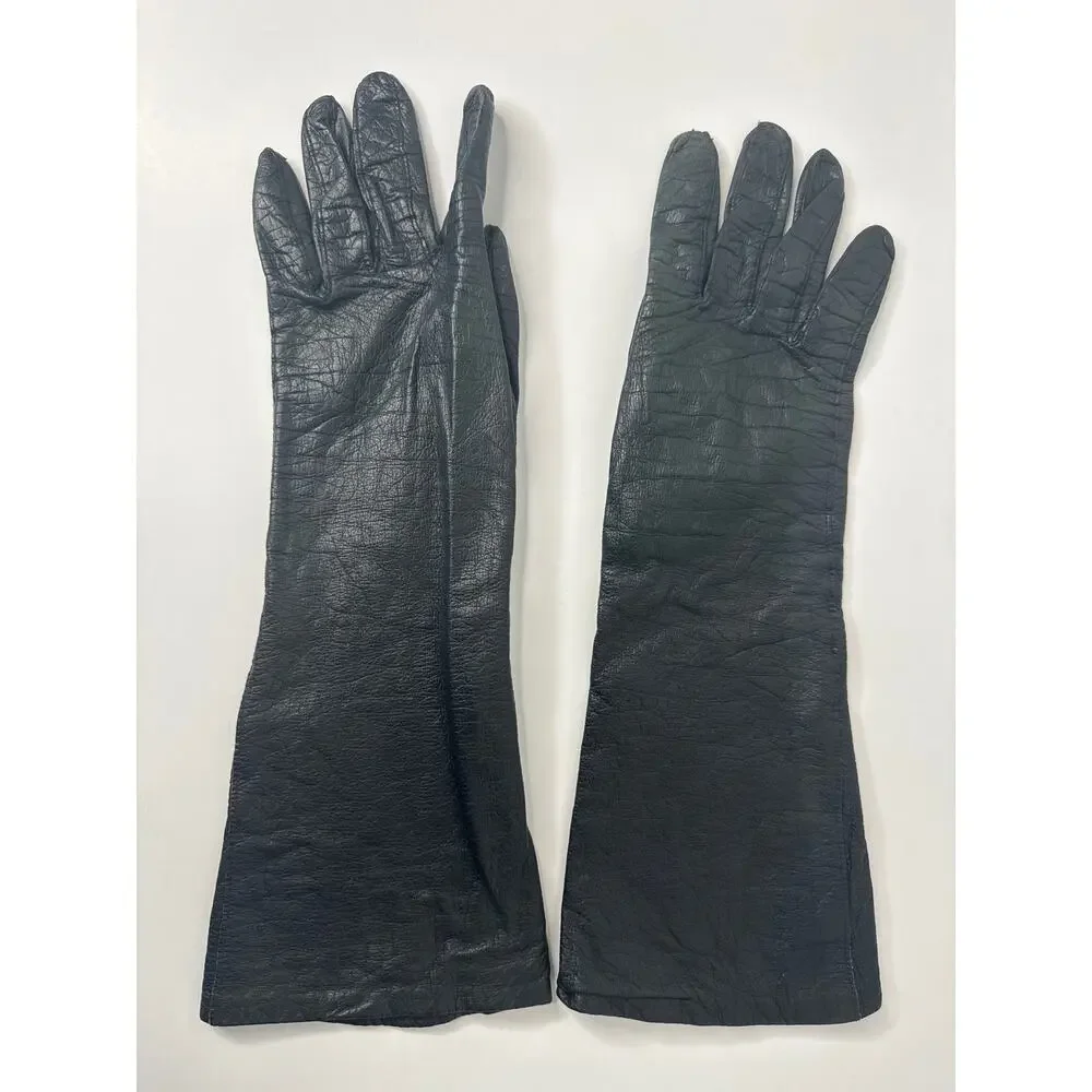 Vintage 50s–60s Alexander’s France Black Leather Silk Lining Opera Gloves size 7